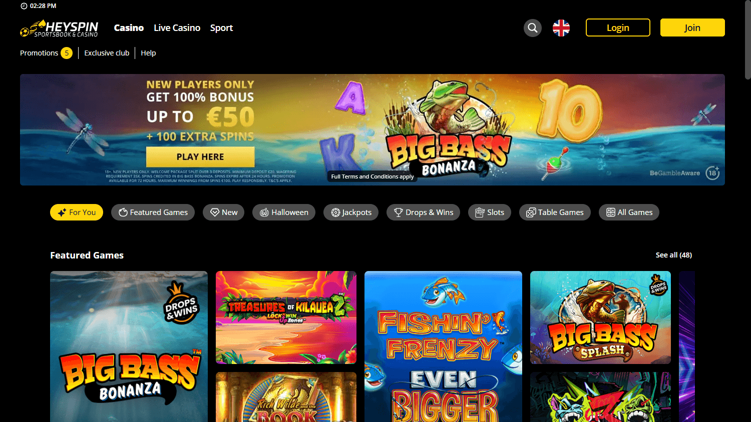 HeySpin_Casino_homepage_desktop