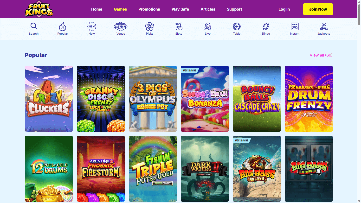 Fruit Kings casino lobby website screenshot