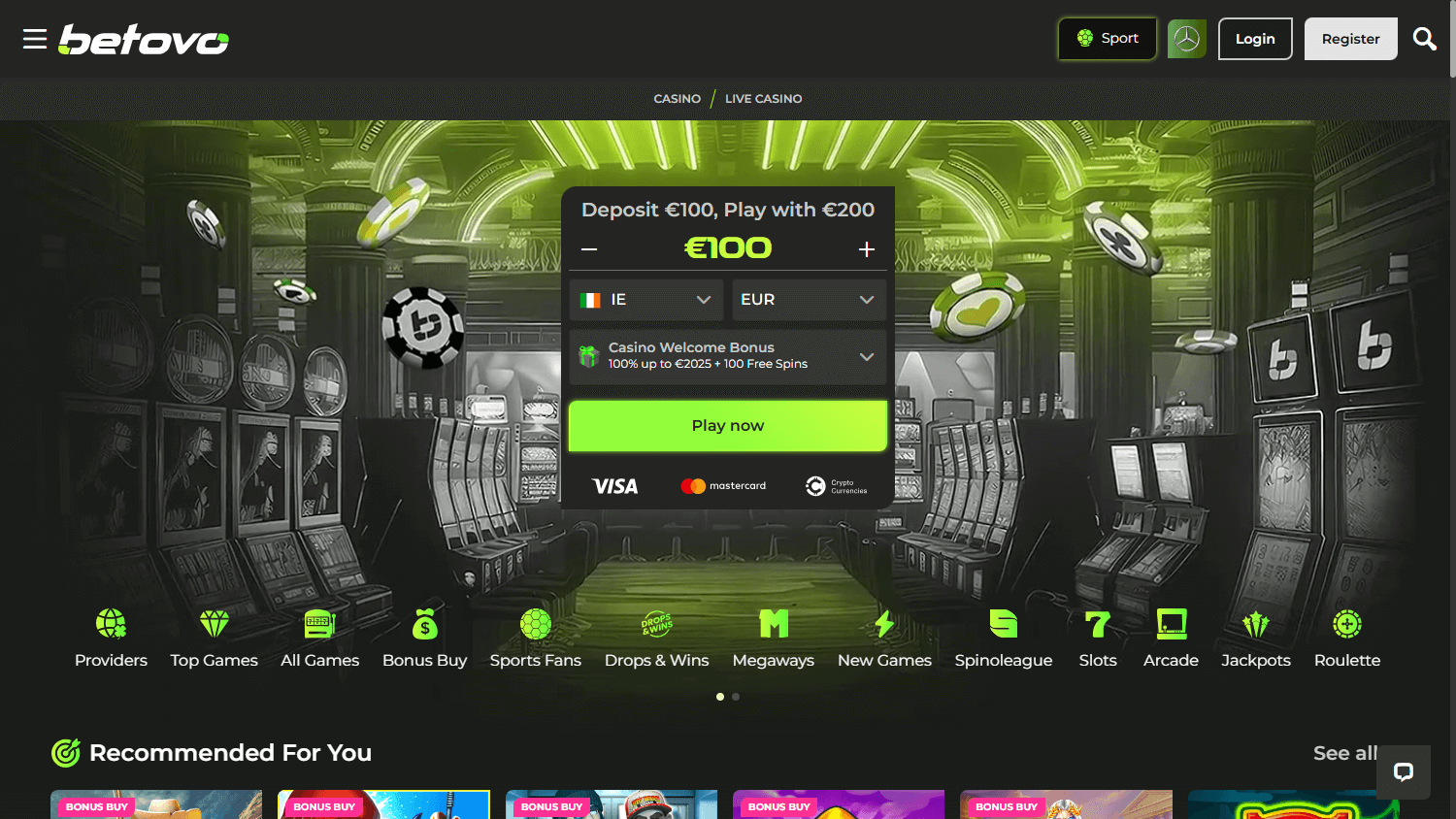 Schermata desktop della homepage di Betovo casino