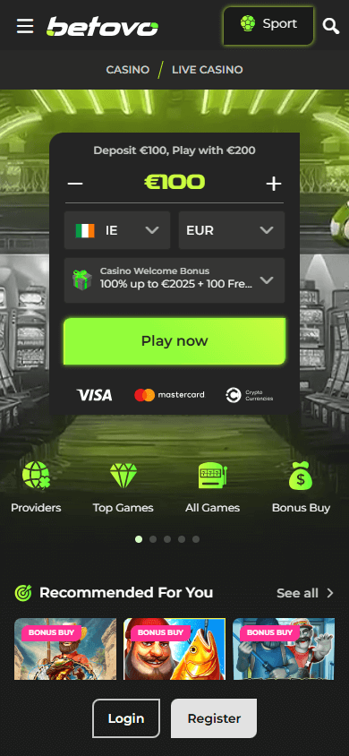 Schermata principale mobile del sito Betovo