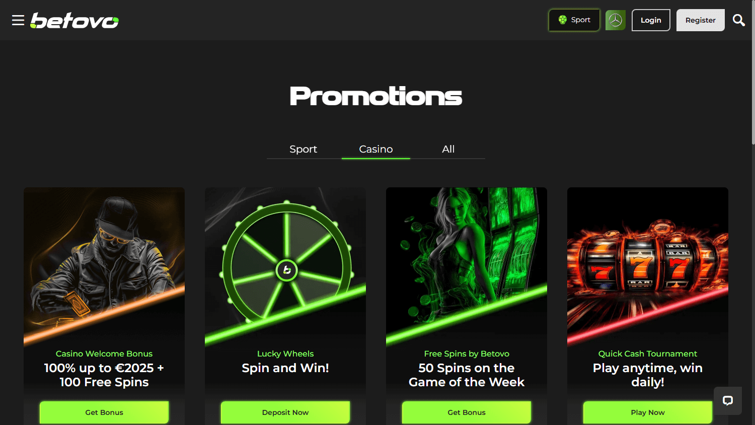 Schermata delle promozioni Betovo che mostra i bonus disponibili e i pulsanti di attivazione