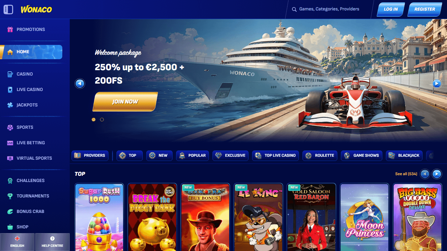 Wonaco_Casino_homepage_desktop