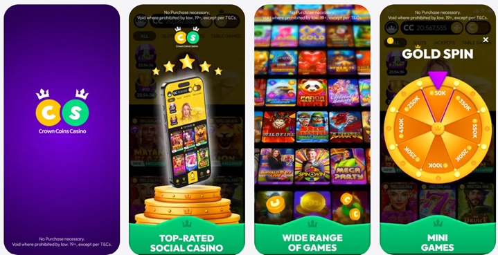 CrownCoins Casino, as seen from the app store, highlighting mini games and game variety