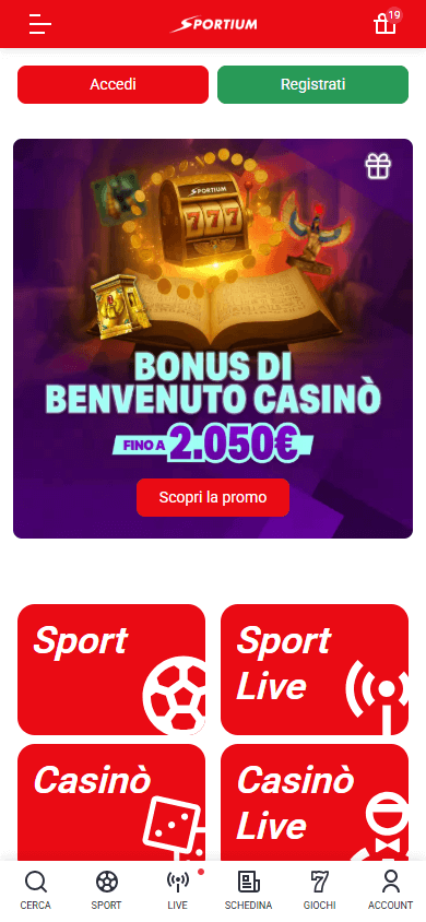 Homepage mobile di Sportium Casino Italia