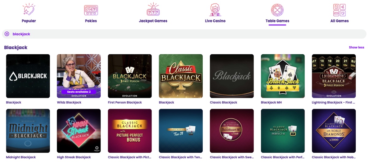 Blackjack game selection at Wildz Casino