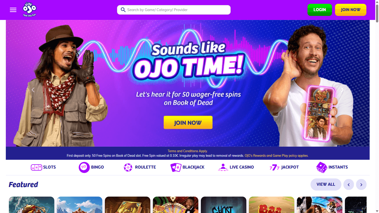 PlayOJO homepage website screenshot