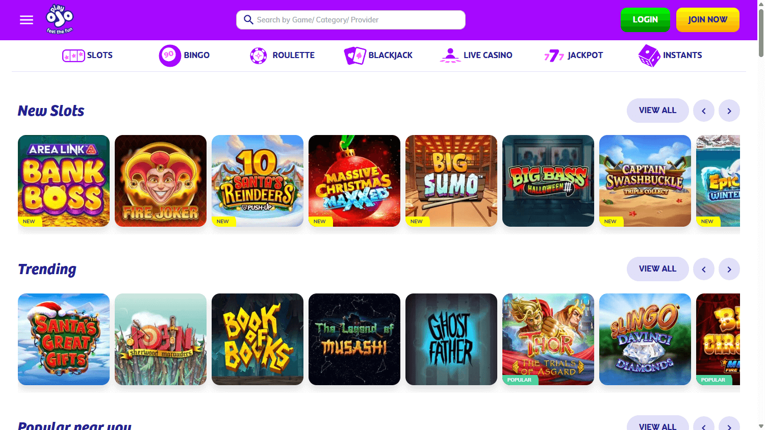 PlayOJO casino lobby website screenshot