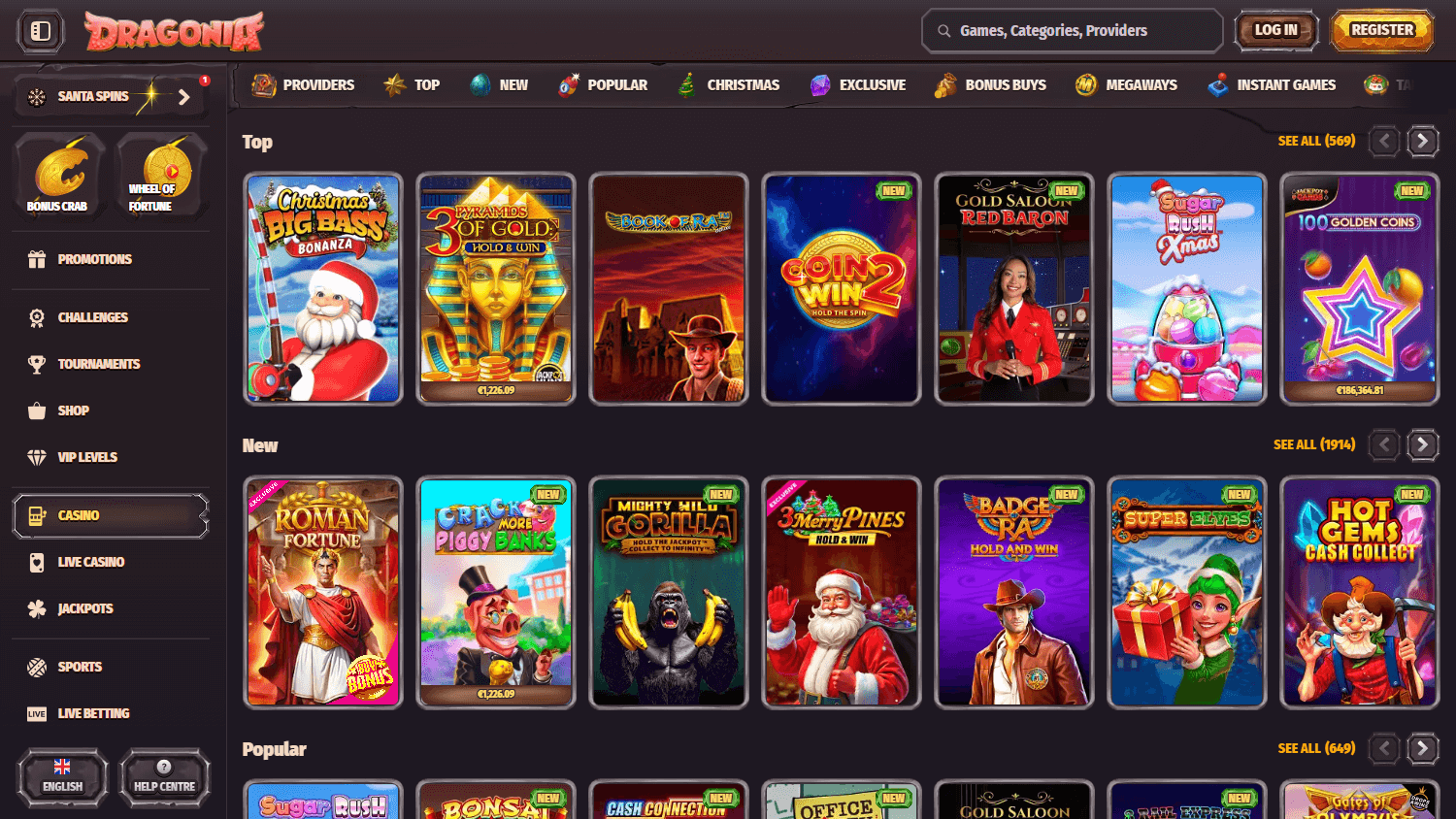 Skärmbild av Dragonia Casino's spelgränssnitt på desktop