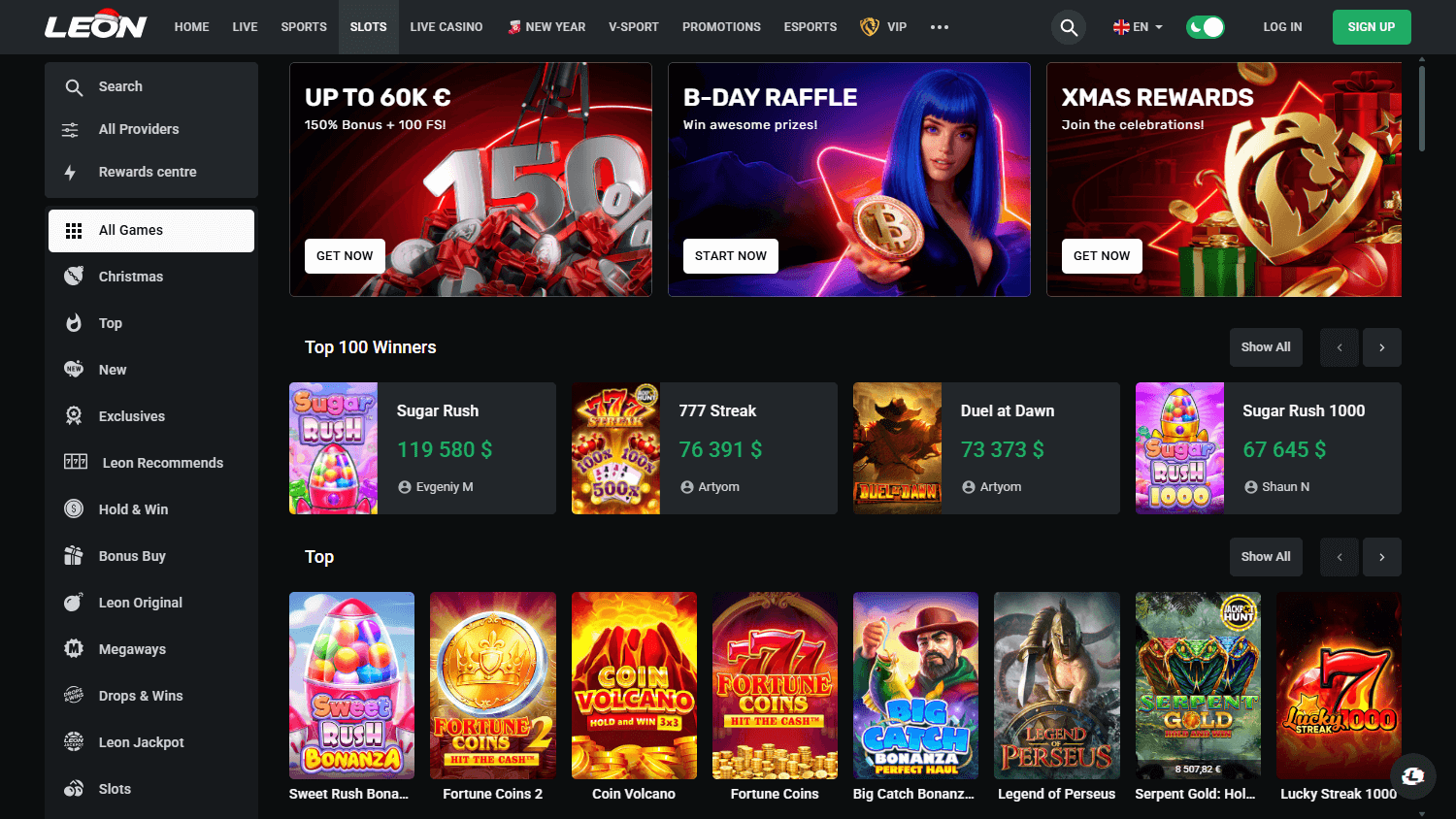 Galeria de jogos do Leon Casino no desktop