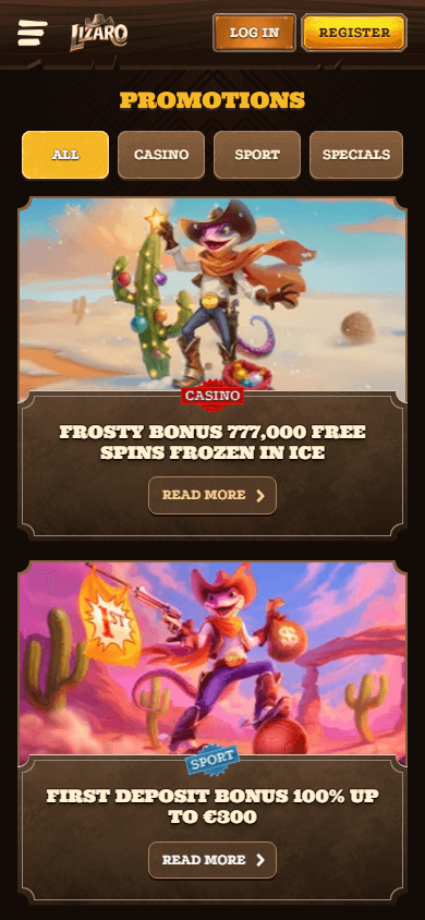 Lizaro Casino promotional offers displayed on a mobile device interface