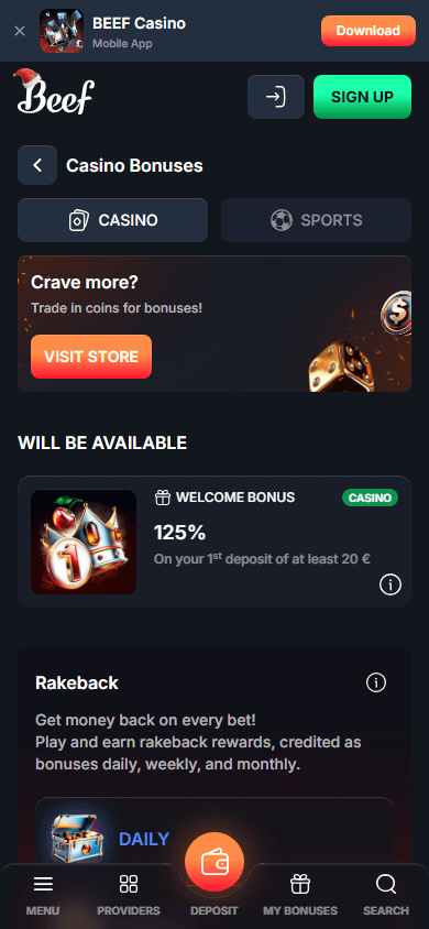 Screenshot der Bonusübersicht im mobilen Casino