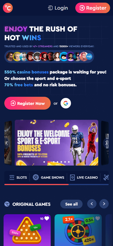 Interface mobile du Casino Celsius montrant la galerie de jeux