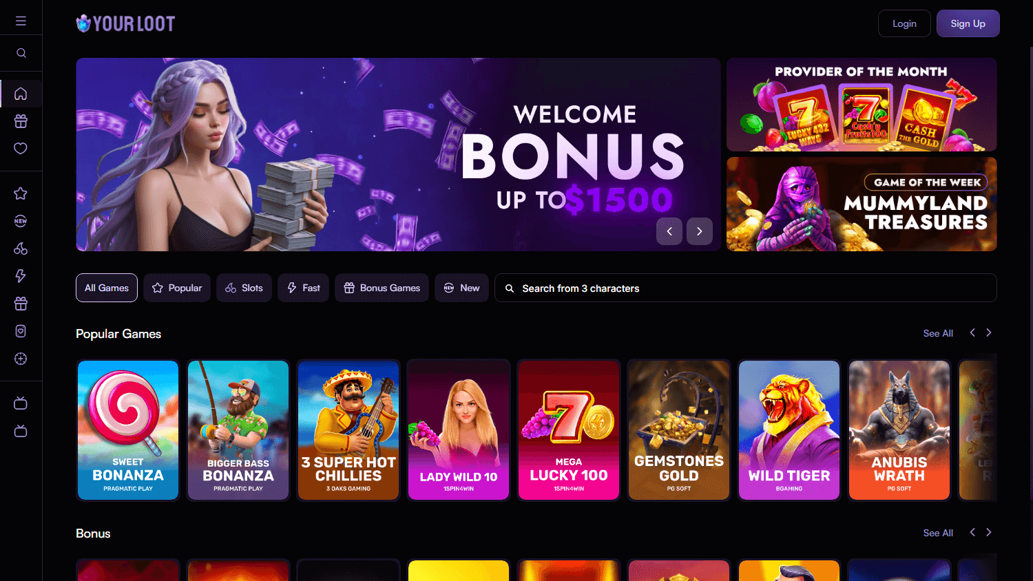 Loot Casino desktop homepage interface