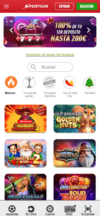 Captura de pantalla de la galería de juegos de Sportium en móvil