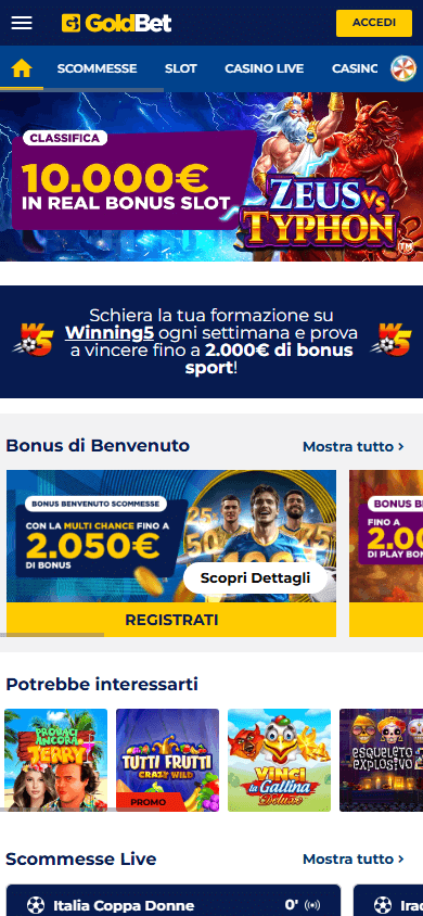 Schermata della homepage mobile di GoldBet Casino