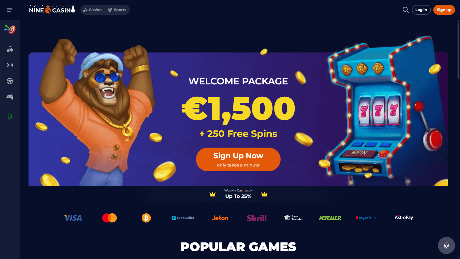 Screenshot der Nine Casino Homepage