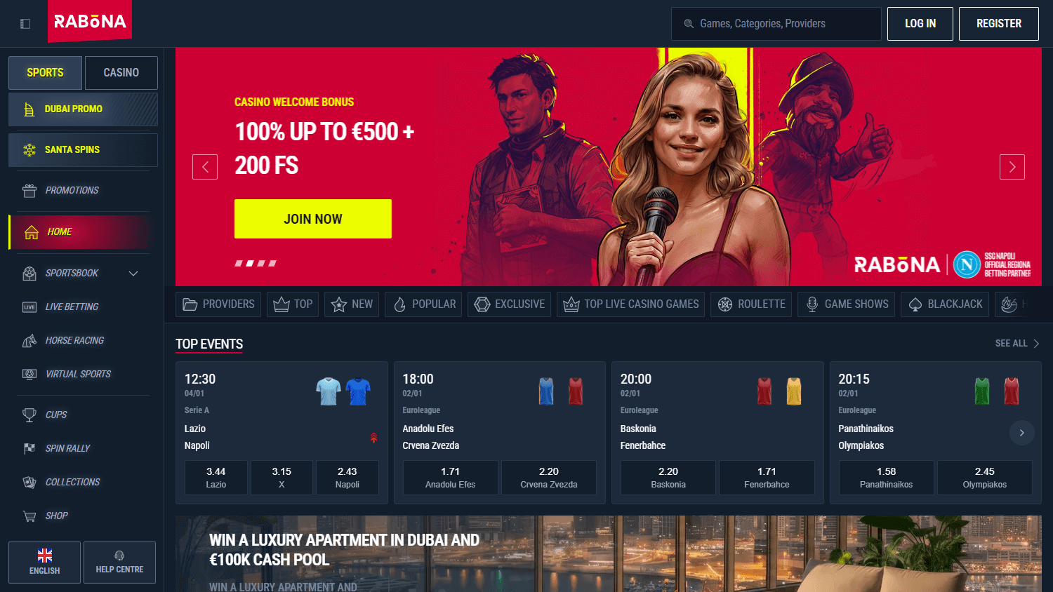 Homepage di Rabona Casino su desktop