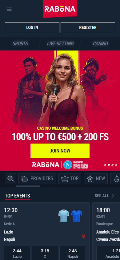 Schermata principale dell'app mobile di Rabona Casino su smartphone