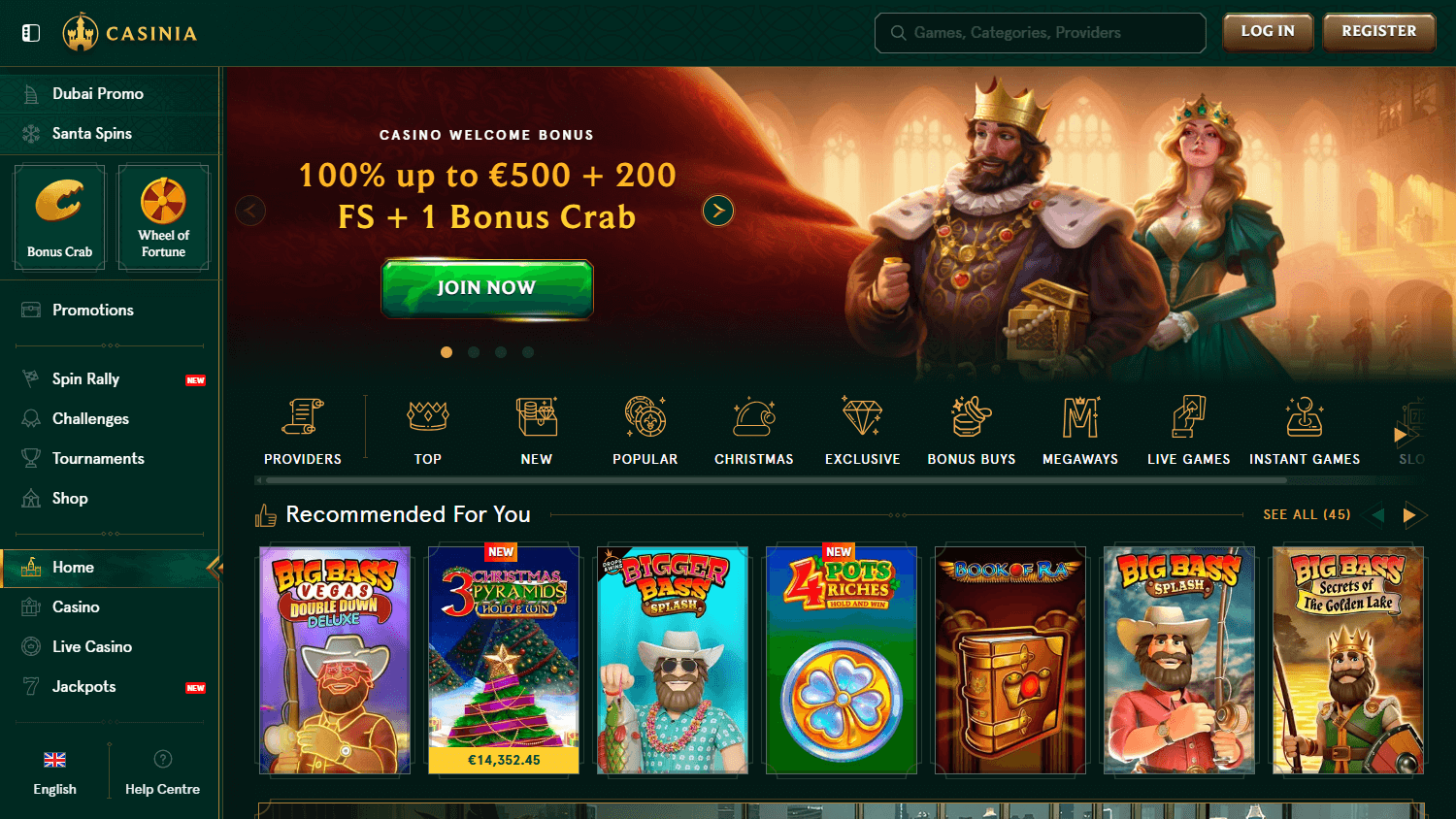 Casinia Casino Homepage