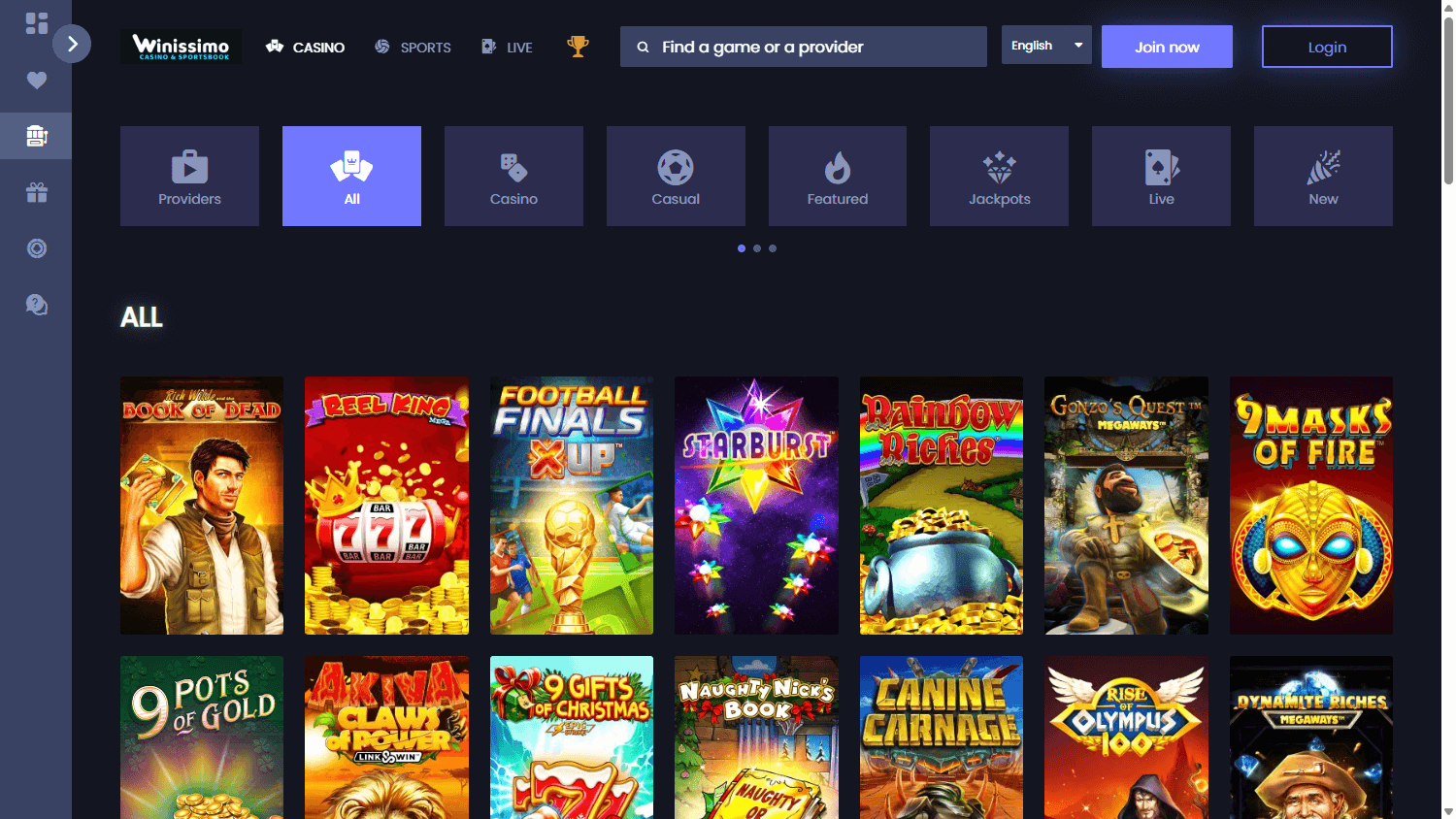 Winissimo casino lobby website screenshot