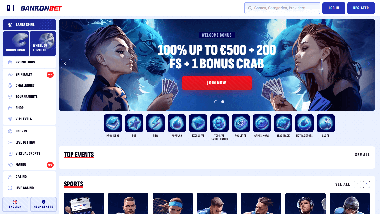 Προβολή αρχικής σελίδας Bankonbet Casino σε desktop