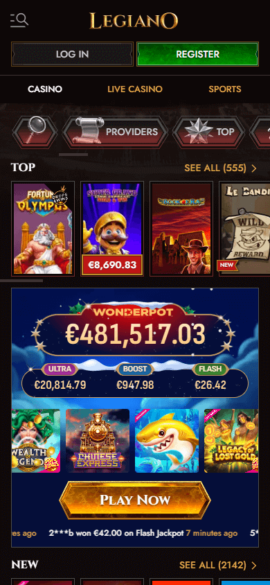 Schermata della galleria giochi di Legiano Casino su dispositivo mobile
