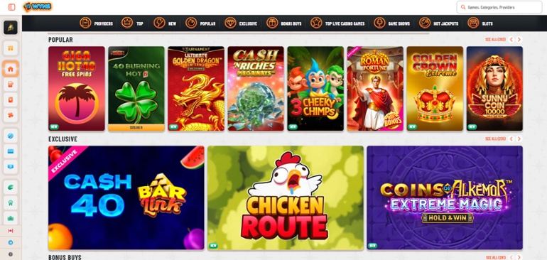 Games lobby at Wyns Casino in Canada