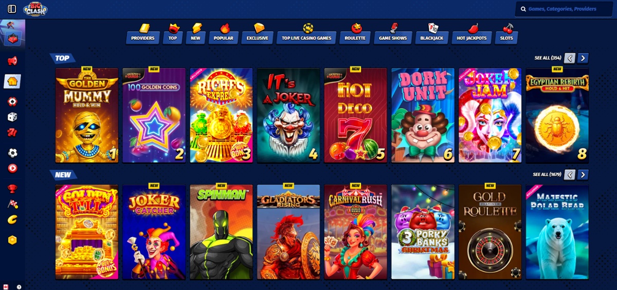 Games lobby at BigClash Casino in Canada