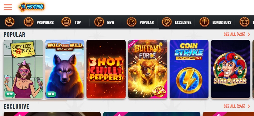 Play mobile casino games at Wyns in Canada