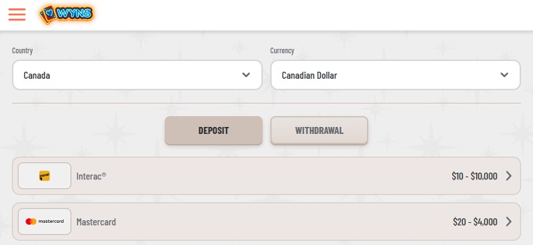 Mobile casino payment methods at Wyns in Canada