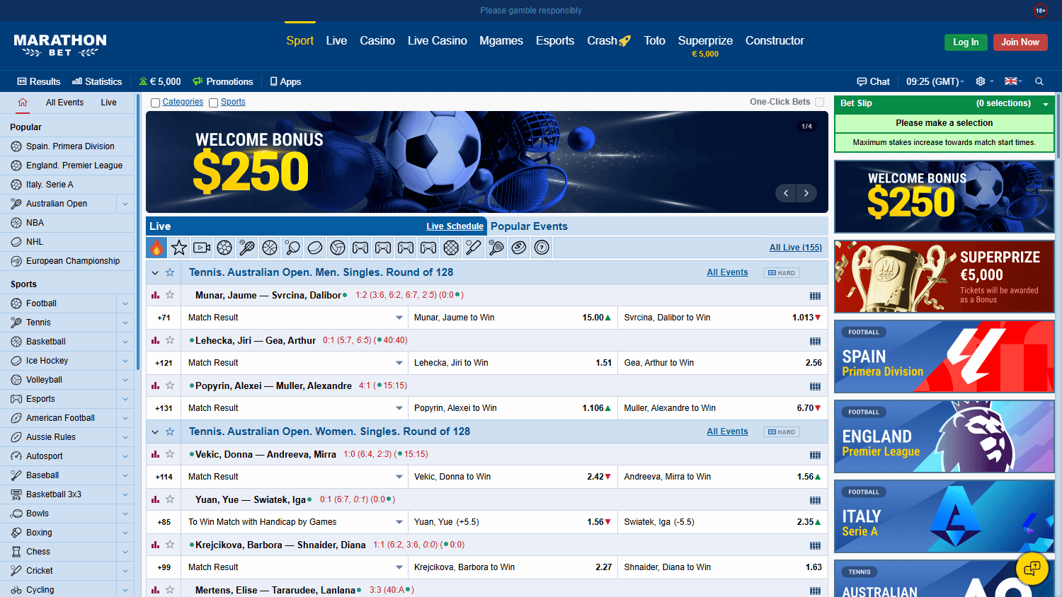 Interfaz del escritorio del Casino Marathonbet mostrando la organización de juegos y promociones