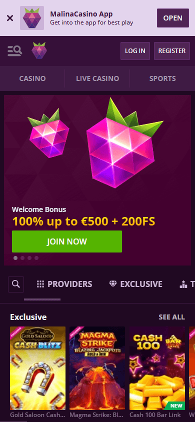 Tela inicial do aplicativo móvel do Malina Casino