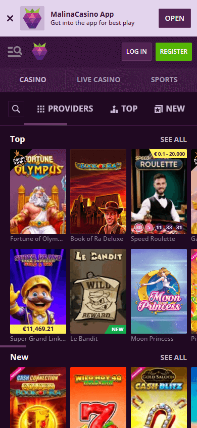 Interfaz de la aplicación móvil de Malina Casino mostrando la galería de juegos