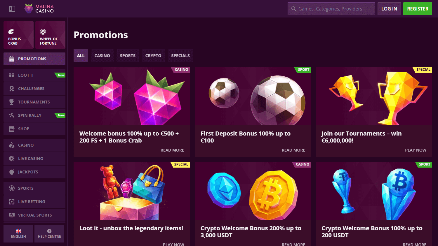 Pantalla de promociones del casino Malina en versión de escritorio