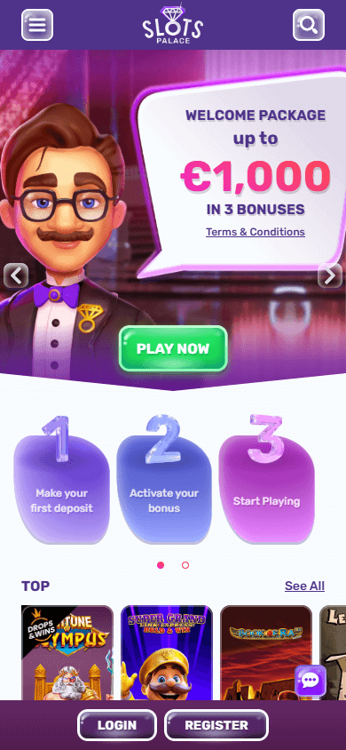 Schermata homepage di Slotspalace casinò su dispositivo mobile