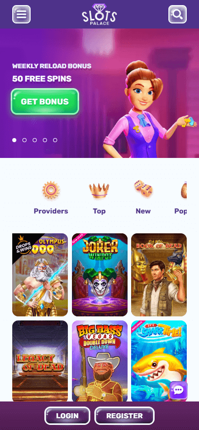 Interface des jeux sur l'application mobile Slotspalace montrant une sélection de machines à sous