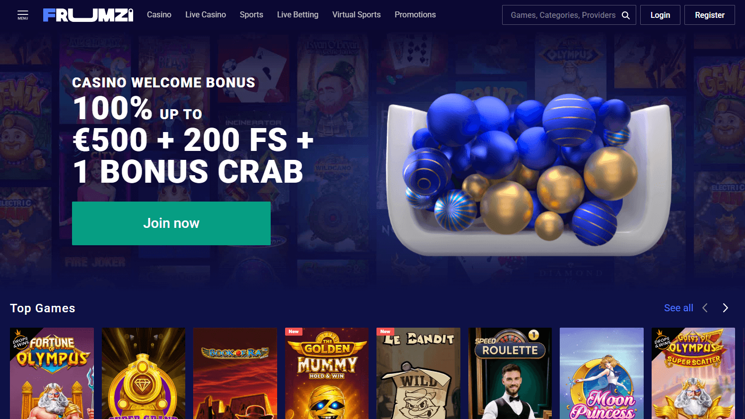 Screenshot der Frumzi Casino Desktop-Startseite mit Spielauswahl