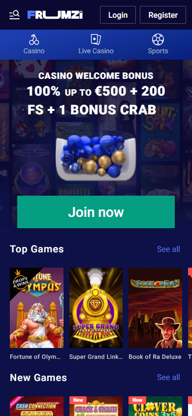 Frumzi Casino Homepage Mobile