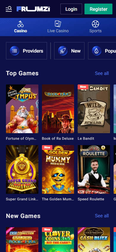 Frumzi Casino pelivalikko mobiililaitteella