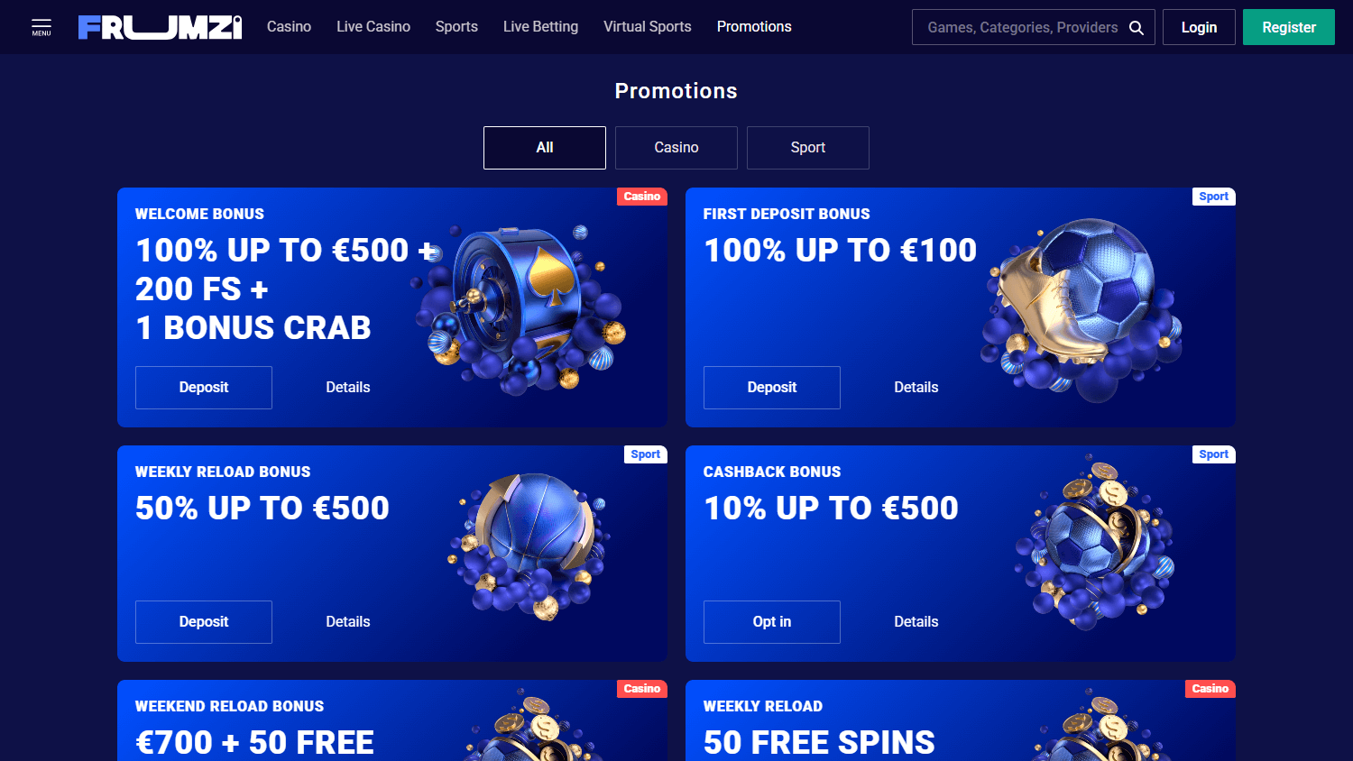 Frumzi Casino Promotions und Willkommensbonus Übersicht auf dem Desktop