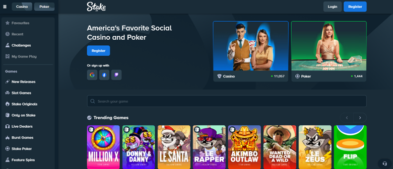 Stake.us casino homepage.