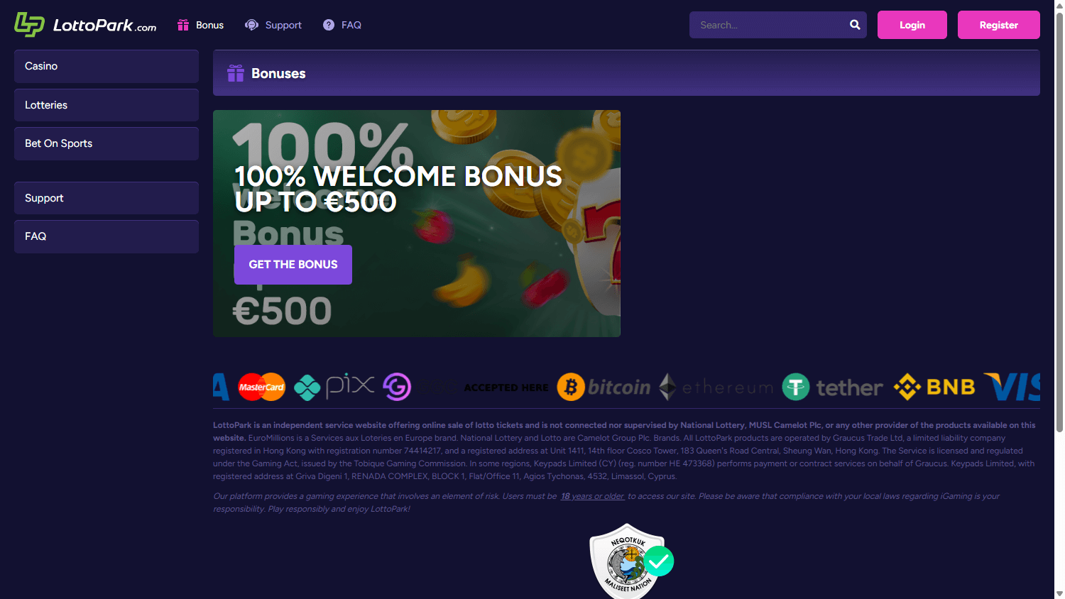 regulated Lotto Casino registration bonus offer in UK