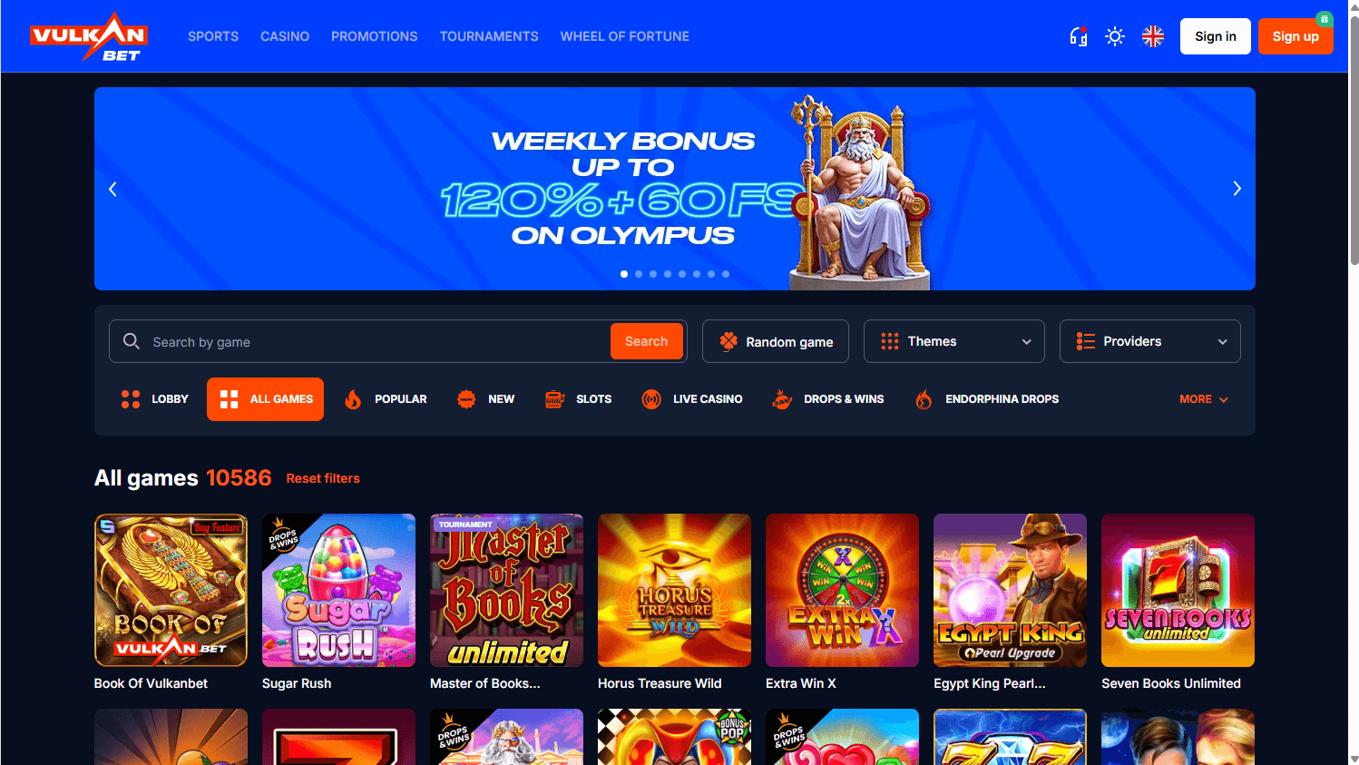 Interfejs kasyna Vulkan Bet pokazujący bibliotekę gier na komputerze