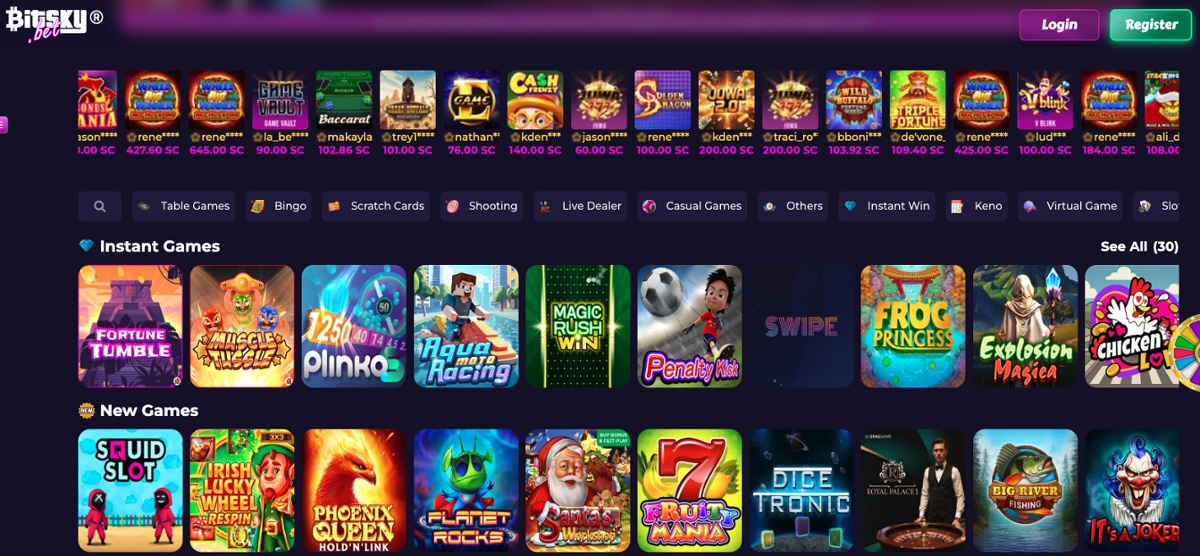 Bitskybet games lobby with instant and new games reels.