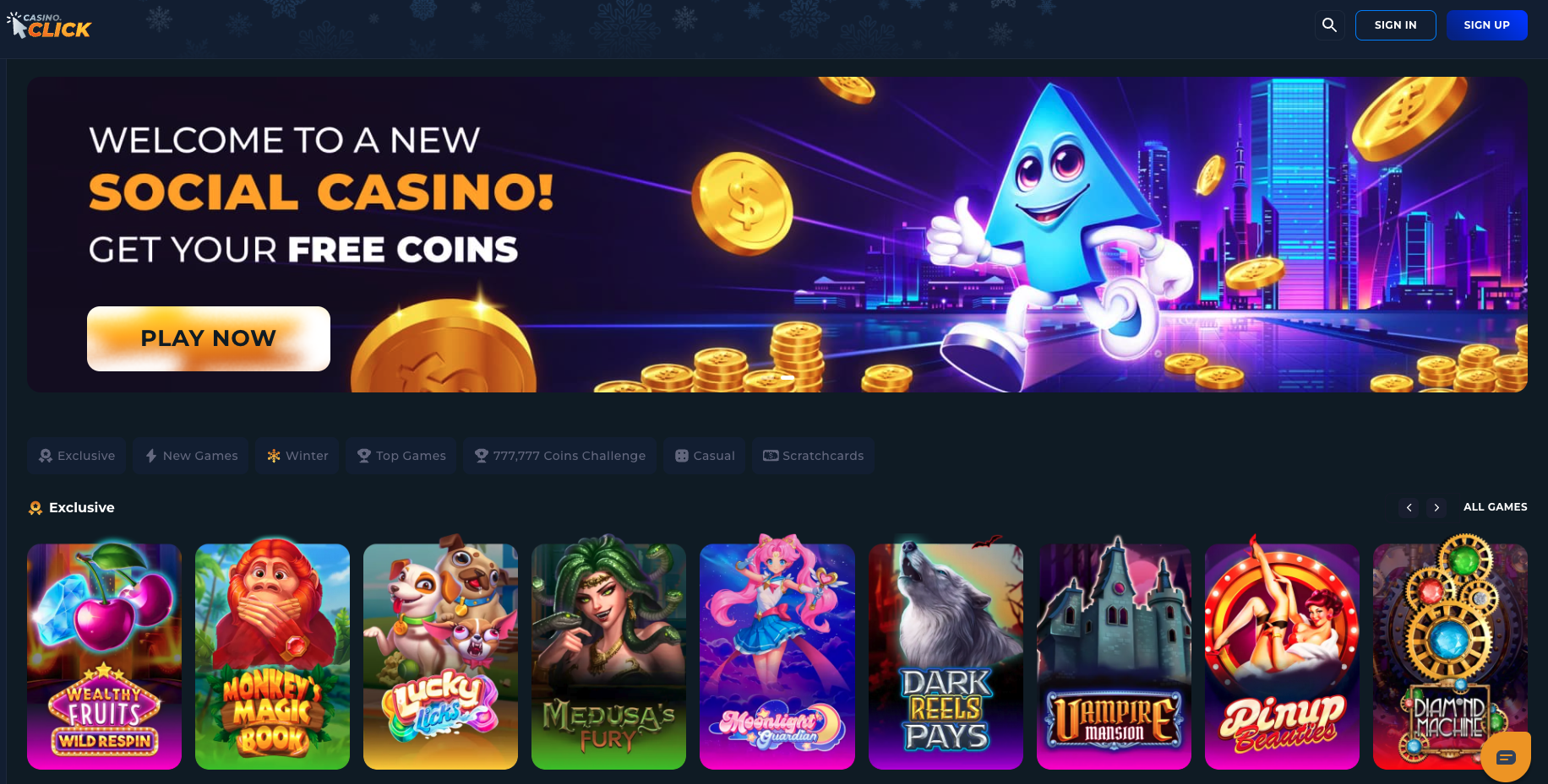 Casino.click games lobby with free coins shown in the welcome banner.