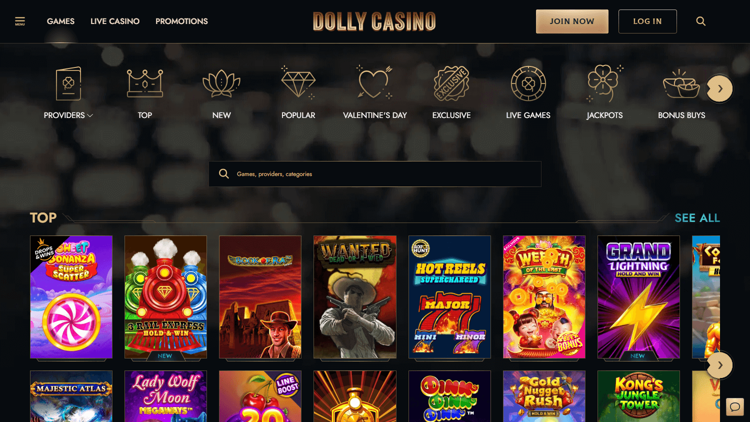 Schermata della galleria giochi di Dolly Casino su desktop