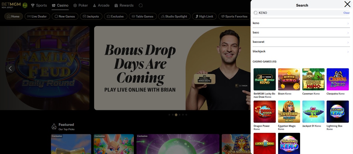 Example keno games available at BetMGM.