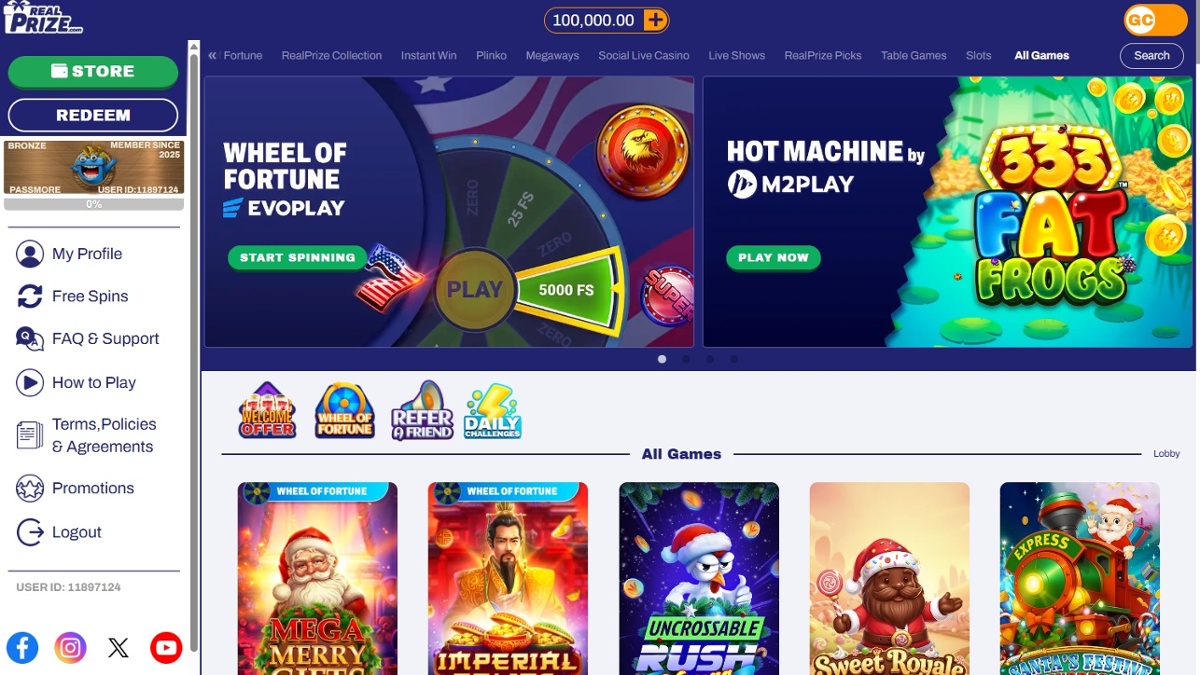 Real Prize Casino homepage with games lobby