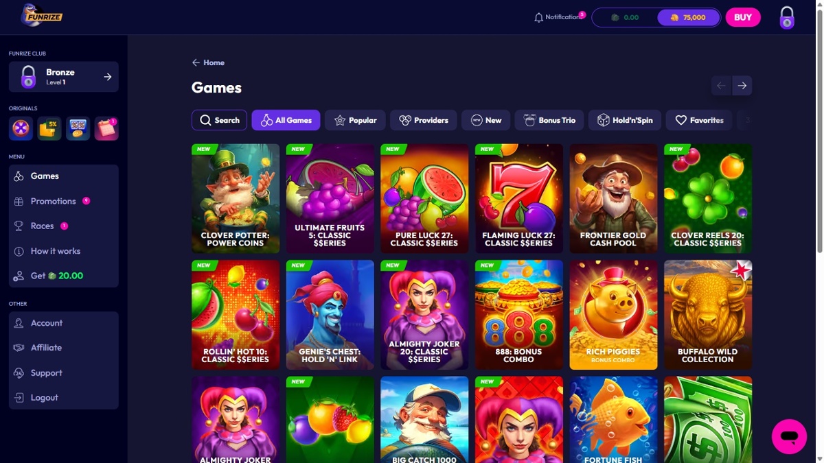 Funrize Casino games lobby with list of all games