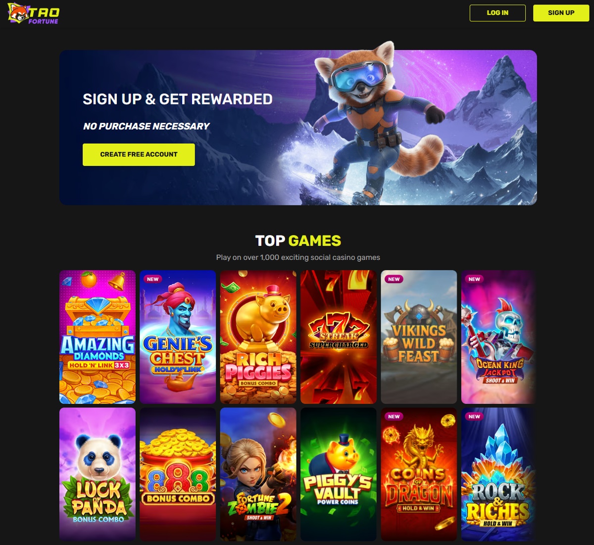 Tao Casino home page with a signup banner and top games